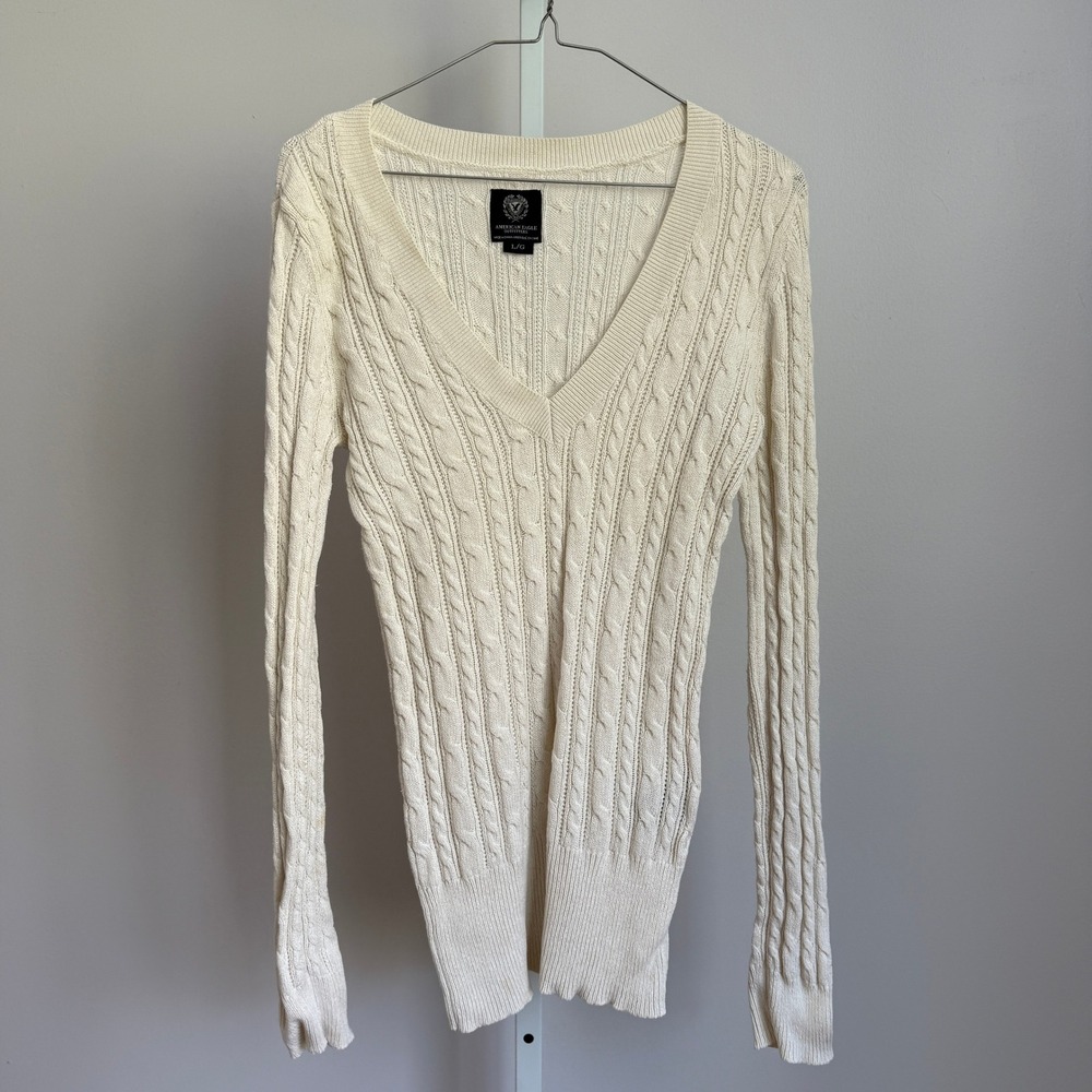 American Eagle Cotton Wool Academia Preppy‎ Cable Knit V Neck Sweater L Ivory